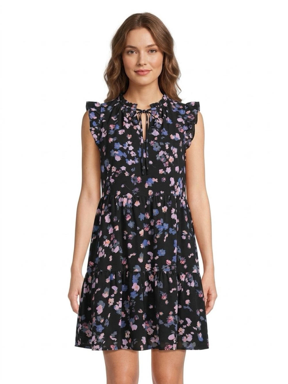 Time and Tru Black Floral Ruffle Neck Blouse with Pink and Blue Accents